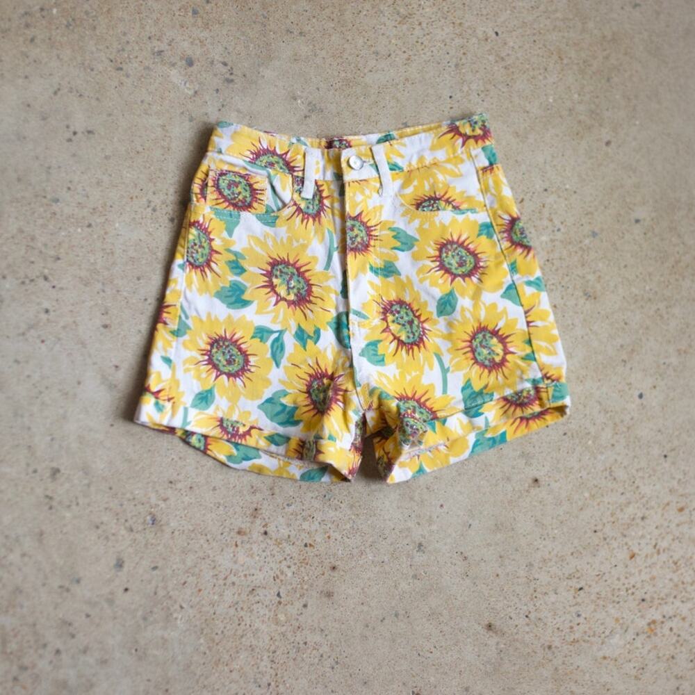 Vintage Sunflower Print High Waisted Cotton Shorts Size S